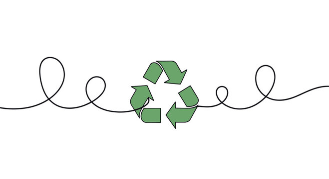 Minimalist illustration of a green recycling symbol connected by a continuous black line on white. Clean, simple design suitable for environmental or sustainability-related projects.