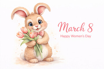 Cute Bunny Holding Tulips For Womens Day