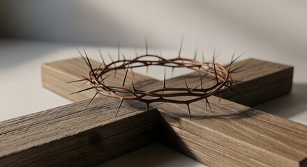 Crown of Thorns and Wooden Cross - Symbol of Christianity, Jesus Christ, Passion