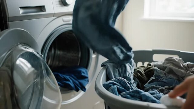 Laundry being loaded into a washing machine with clothes and fabrics in a domestic setting