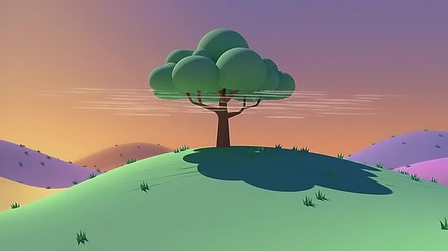 Serene landscape with a single tree on a hill at sunset.