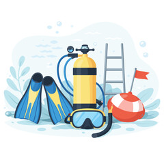 Scuba diving gear and safety equipment illustration