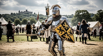 A valiant knight in shining full plate armor, bearing a distinguished heraldic shield, confidently parades at a vibrant medieval festival reenactment, majestic castle in the distance