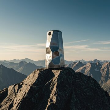 A metallic object, dented and scratched, sits atop a rugged mountain peak symbolizing hard-fought victory and unbreakable endurance ,victory ,challenge ,resilience