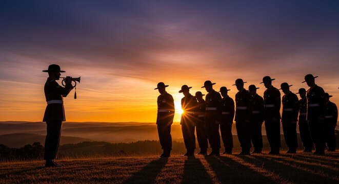 A bugler plays a solemn tune as a formation of soldiers stands at attention against a breathtaking sunrise, silhouetted against the warm glow of the dawn sky