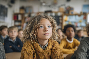 Fototapeta premium Young schoolgirl with curly hair wearing brown sweater attentively listening in classroom filled with diverse children focused on learning and education