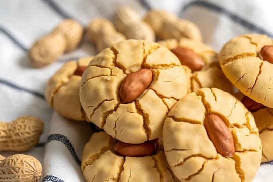  peanut butter cookies with peanuts on top.