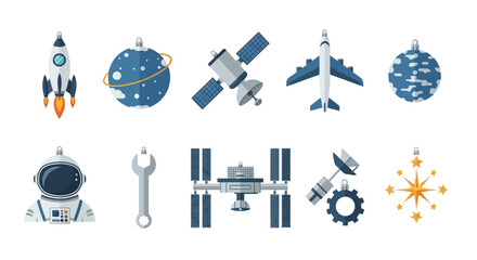 Space Technology Themed Ornaments and Icons Collection on White Background © Salsa