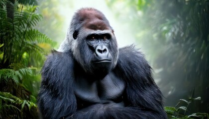 Obraz premium Majestic Silverback Gorilla Poses in Lush Green Jungle Setting.