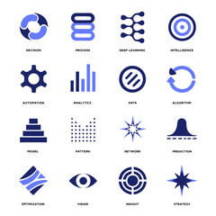 A collection of 16 various blue business and technology icons