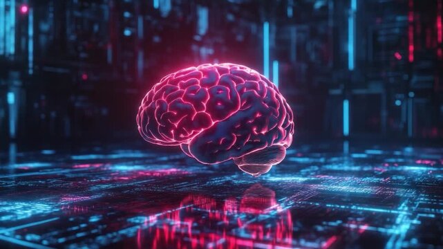 Brain in the Digital Realm: A glowing, stylized brain floats amidst a futuristic digital landscape, representing the intersection of human intellect and advanced technology.