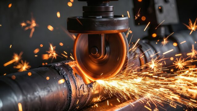 A close-up, dynamic shot captures a fiery orange grinding wheel intensely cutting a metal pipe, sending bright sparks flying in a dark industrial workshop.