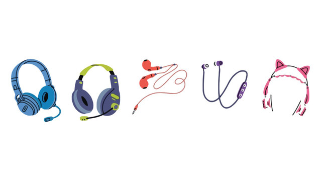 Headphone vector illustration set with colorful earbuds and headphones