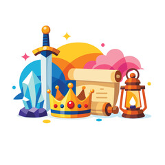 Fantasy themed items collection with crown and sword