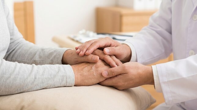 hands holding, doctor, elderly patient, empathy, support, healthcare, medical care providing compassion and comfort for senior citizen during medical consultation in a clinic room.