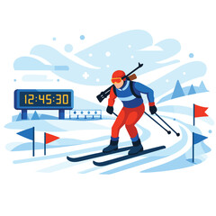 Winter sports athlete skiing with rifle and timer display