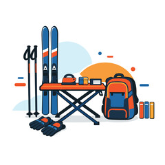Ski gear collection with poles and backpack