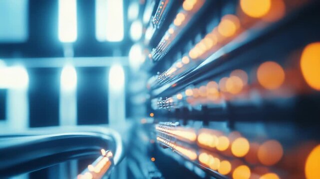 Fiber optic cables transmitting high speed data as glowing light pulses within a modern data center, symbolizing global network connections and digital technology