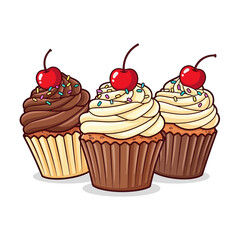 Colorful Cupcake Vector Illustration with Chocolate, Vanilla, and Cherry Toppings