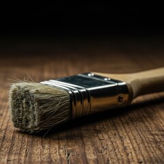 Close up of an old, handcrafted paintbrush constructed primarily from thin, shiny tin, resting on a rustic wooden surface, emphasizing tool history ,bristles ,metallic finish ,object