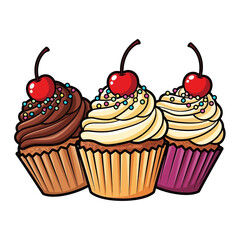 Colorful Cupcake Vector Illustration with Chocolate, Vanilla, and Cherry Toppings
