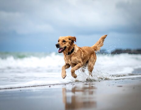 Happy dog bounding joyfully through surf. Foamy waves, sandy beach, cloudy sky. Pure bliss