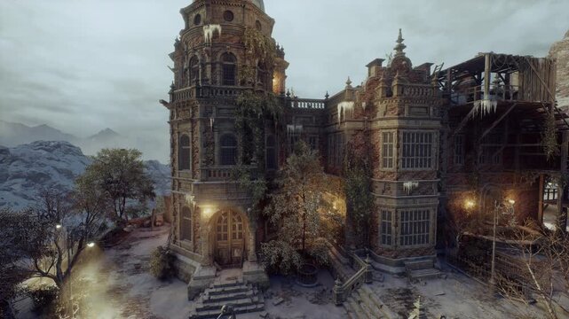 tower entrance and winding path at dusk with scattered lanterns and leafcovered ground, arched doorways and turrets loom against cloudy sky, scene radiates