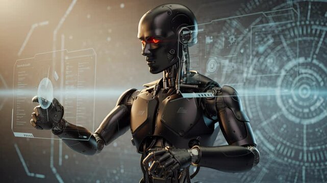 A sleek black robot gestures at a holographic digital interface displaying complex data. This image embodies themes of artificial intelligence, technology, future, and innovation. Perfect for tech blo