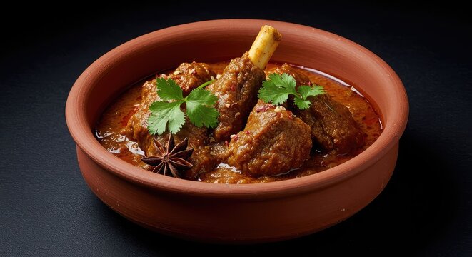 Delicious, slow-cooked lamb curry dish presented in a rustic earthenware bowl, garnished with fresh cilantro and vibrant aromatic spices ,herbs ,red meat ,gravy