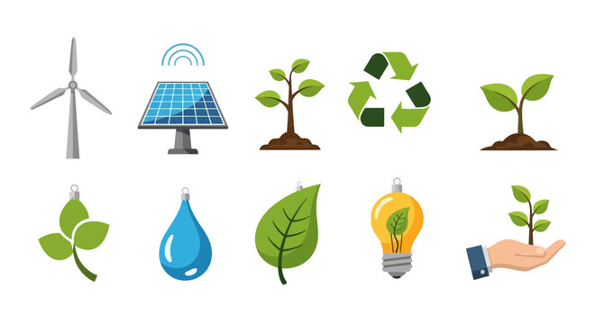 Eco Themed Collection of Symbols for Green Energy and Environmental Conservation