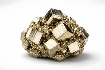 Pyrite Specimen: A close-up shot of a glittering pyrite specimen, showcasing its lustrous metallic gold color and intriguing cubic crystalline structures.