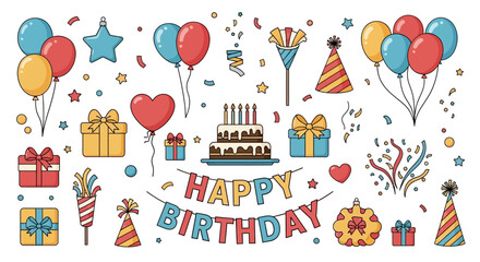 Birthday Celebration Party Elements Set with Balloons Cake and Gifts