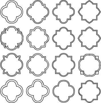 Collection of sixteen decorative quatrefoil and arabesque frames on white background border ornamental