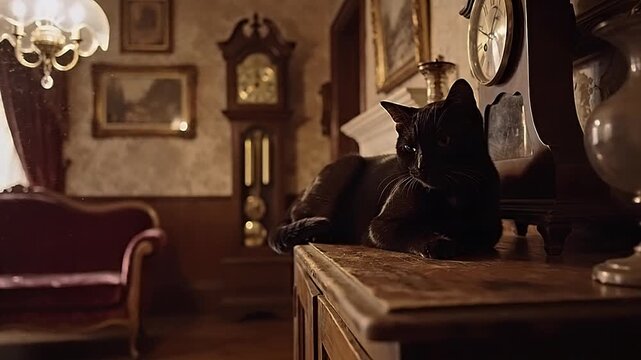 Black cat sitting on a wooden dresser in a vintage living room.