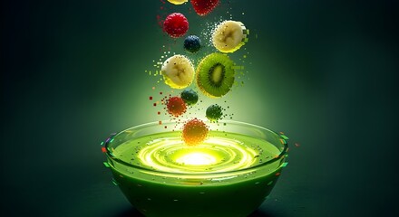Futuristic Digital Smoothie Bowl with Floating Fresh Fruits and Data Streams &ndash; Smart Nutrition and Food Technology Concept