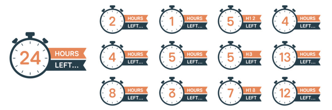 Countdown timer set from 1 to 24 hours, color hours icon, countdown hours left from 1 to 24 hours badge set for top ranked marketing visuals, digital promotion graphics, sale countdown layouts, 