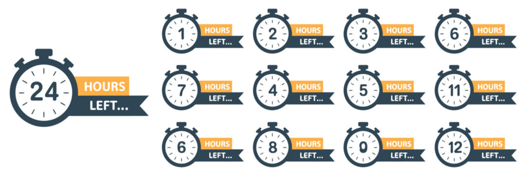 Countdown timer set from 1 to 24 hours, color hours icon, countdown hours left from 1 to 24 hours badge set for ranked social media posts, promotions, promo offers, flat design, isolated vector 