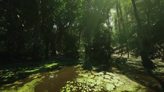sunlit marsh clearing with lily pads and open water, gentle ripples reflecting canopy gaps, reeds and cattails edging shallow pond, tranquil atmosphere