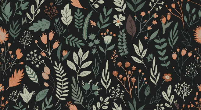 Elegant seamless floral pattern showcasing variety of delicate wildflowers, leaves, and botanical elements in muted tones on dark background.