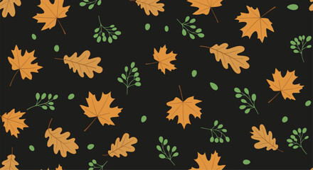 Fototapeta premium Seasonal seamless pattern featuring orange maple and oak leaves with green berries on a dark background capturing the essence of autumn.