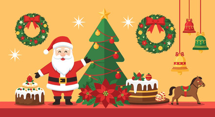 Christmas Holiday Celebration Scene with Santa Claus and Festive Decorations