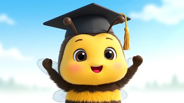 Cute cartoon bee character graduates, cheering with joy. CG render with blue sky background. Educational, academic, celebratory moment, achievement.