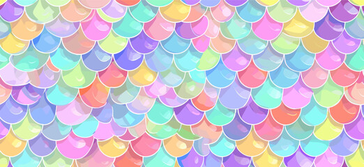 Obraz premium Pastel rainbow mermaid scales seamless pattern background. Cute iridescent texture creating a dreamy fantasy wallpaper for packaging