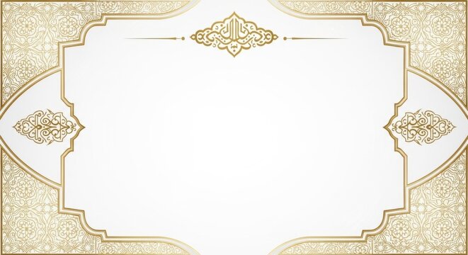 Elegant golden ornamental frame template with intricate Islamic pattern details on a white background. Features a decorative border with arabesque motifs and a central blank space for text or