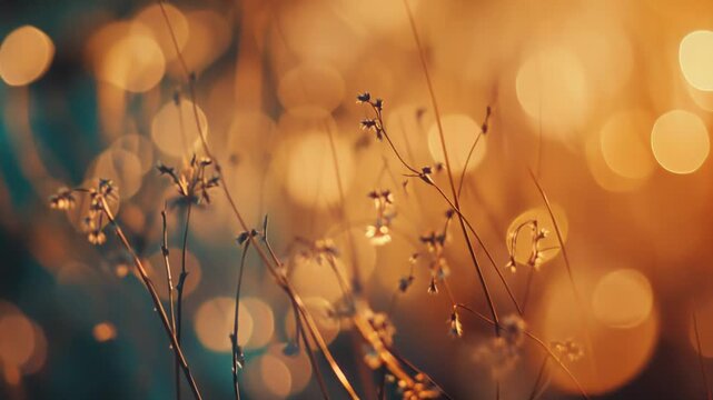 Dried wild grass stems glow beautifully, softly lit by the warm golden light of the setting sun, creating a tranquil and ethereal abstract natural bokeh background