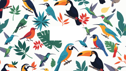 Naklejka premium Vibrant seamless pattern displaying various tropical birds like toucans and hummingbirds among lush green jungle leaves on a white base.