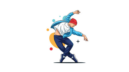 Obraz premium Urban breakdancer performing a dynamic and energetic dance move with a red beanie and stylish blue jacket over a white t-shirt.