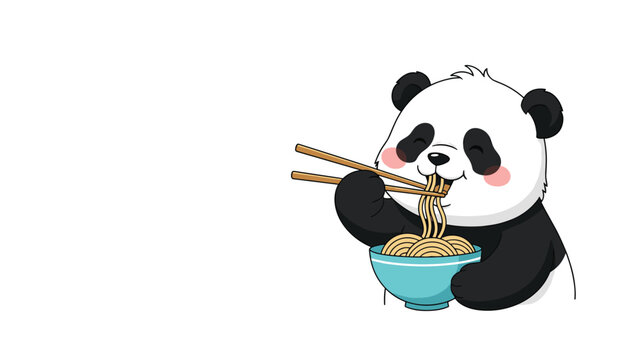 Adorable cartoon panda sitting down and enjoying a delicious bowl of ramen noodles using traditional wooden chopsticks for a meal.