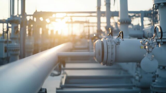 Industrial pipeline network of steel pipes, valves and flanges at golden hour, highlighting complex energy infrastructure and engineering in an outdoor refinery plant setting