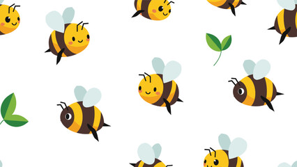 Seamless pattern of cute cartoon bumblebees with friendly faces flying among small green leaves on a clean white background.